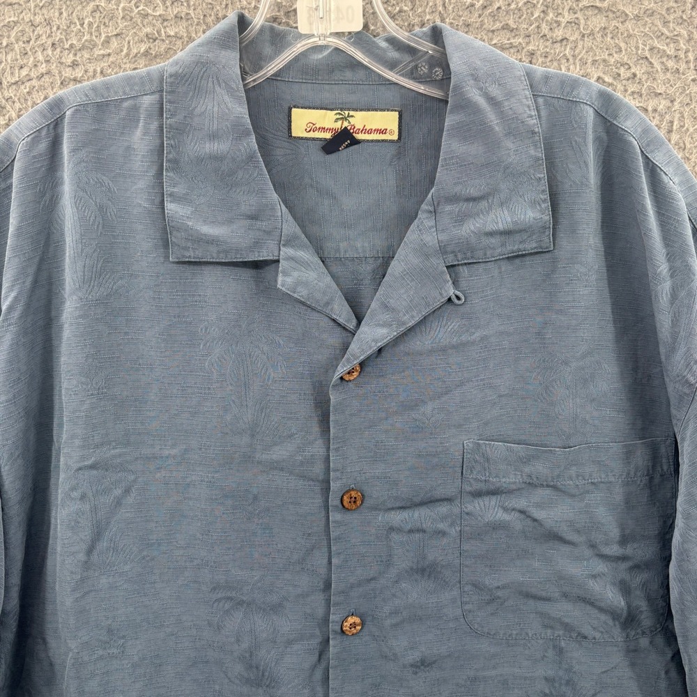 Tommy Bahama Shirt Mens L Blue Silk‎ Palm Tree Jacquard Short Sleeve Camp